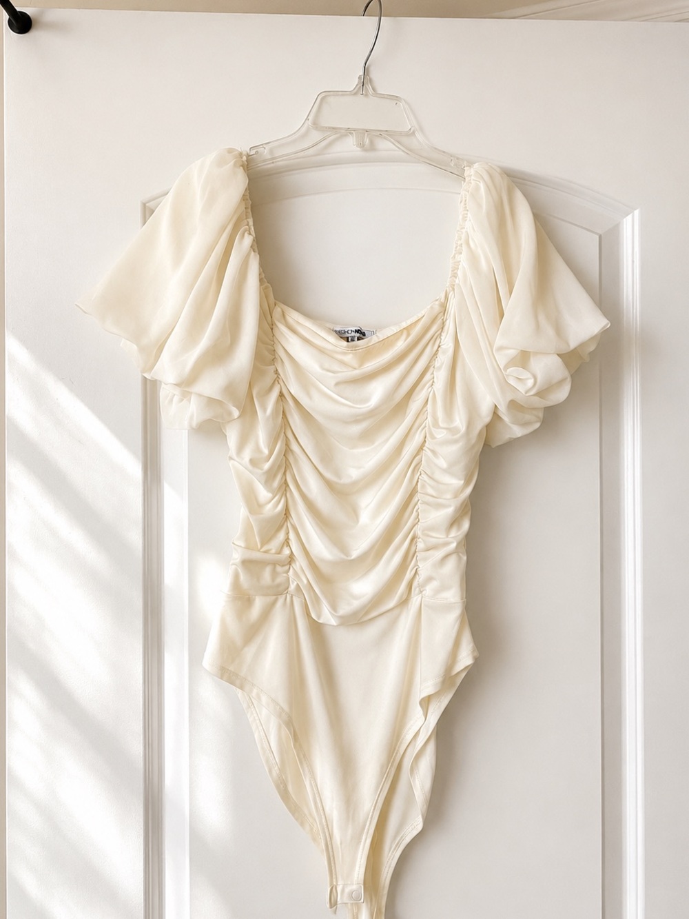 Cream Ruched Puff-Sleeve Bodysuit